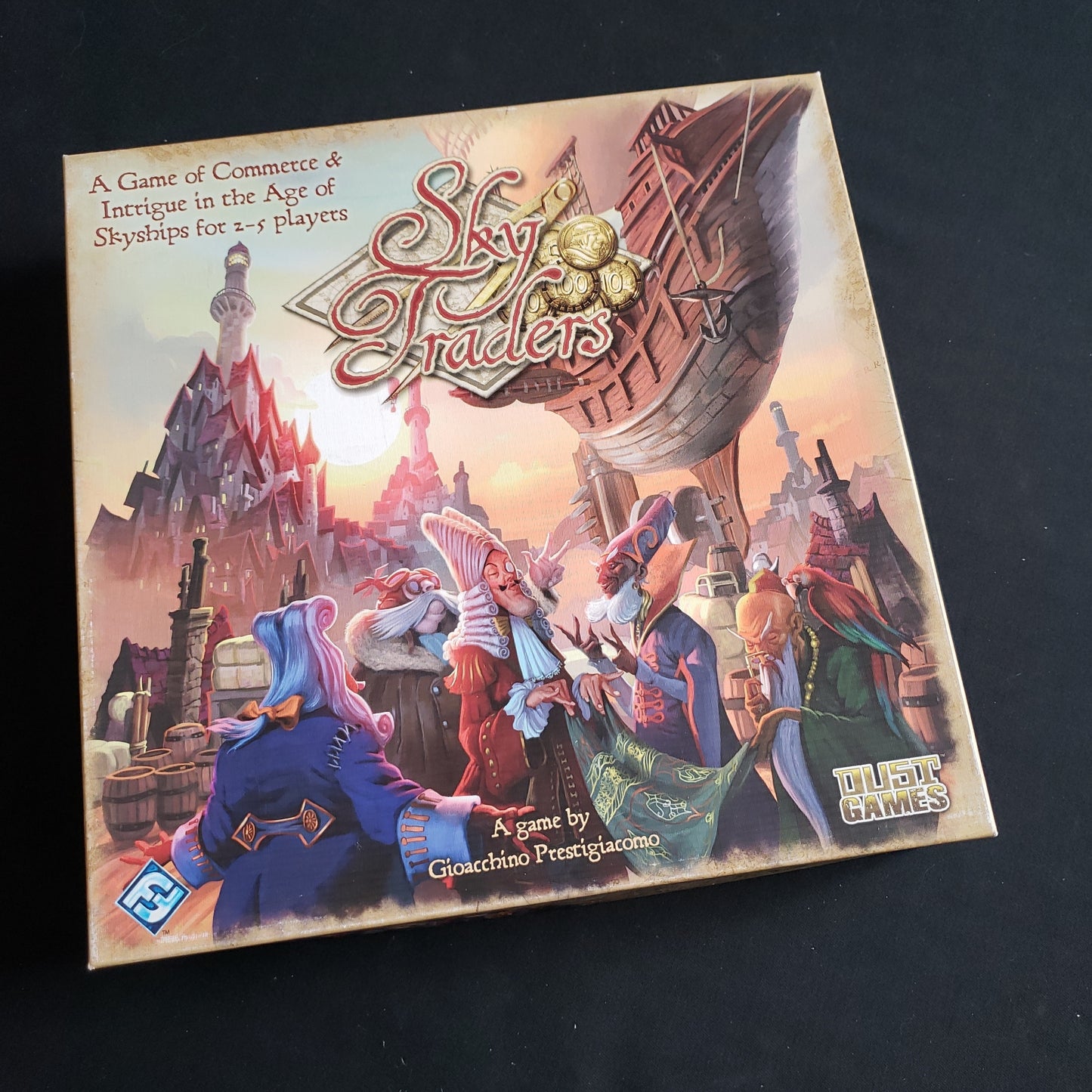 Image shows the front cover of the box of the Sky Traders board game