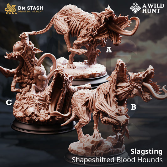 Image shows 3D renders for three different sculpt options of a hound abomination gaming miniature.