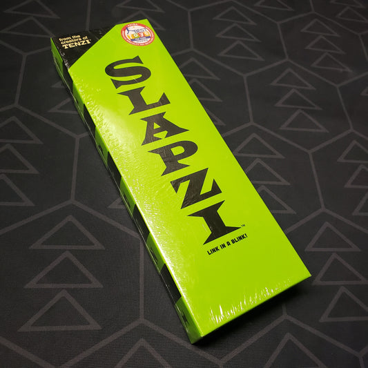 Image shows the front cover of the box for the Slapzi card game