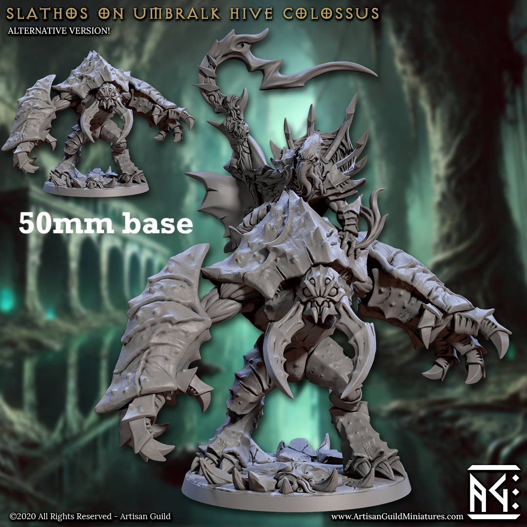 Image shows 3D renders of two sculpt options for a umber hulk gaming miniature, one with a mindflayer riding it