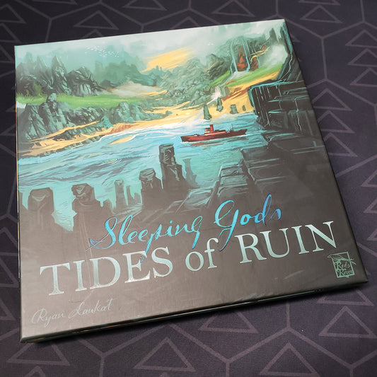 Image shows the front cover of the box of the Tides of Ruin expansion for the board game Sleeping Gods