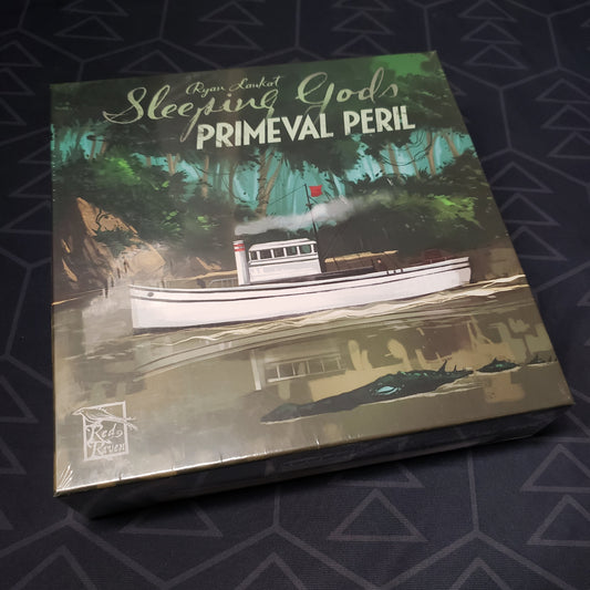 Image shows the front cover of the box for the Sleeping Gods: Primeval Peril board game