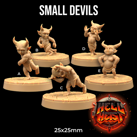 Image shows 3D renders for five different sculpt options of a baby demon gaming miniature