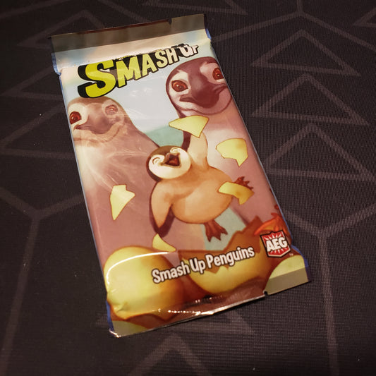 Image shows the front of the package of the Penguins expansion for the card game Smash Up