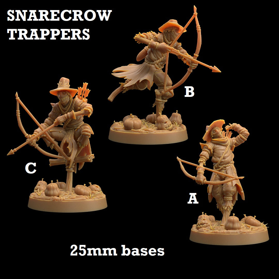 Image shows 3D renders of three different sculpt options for a scarecrow archer gaming miniature