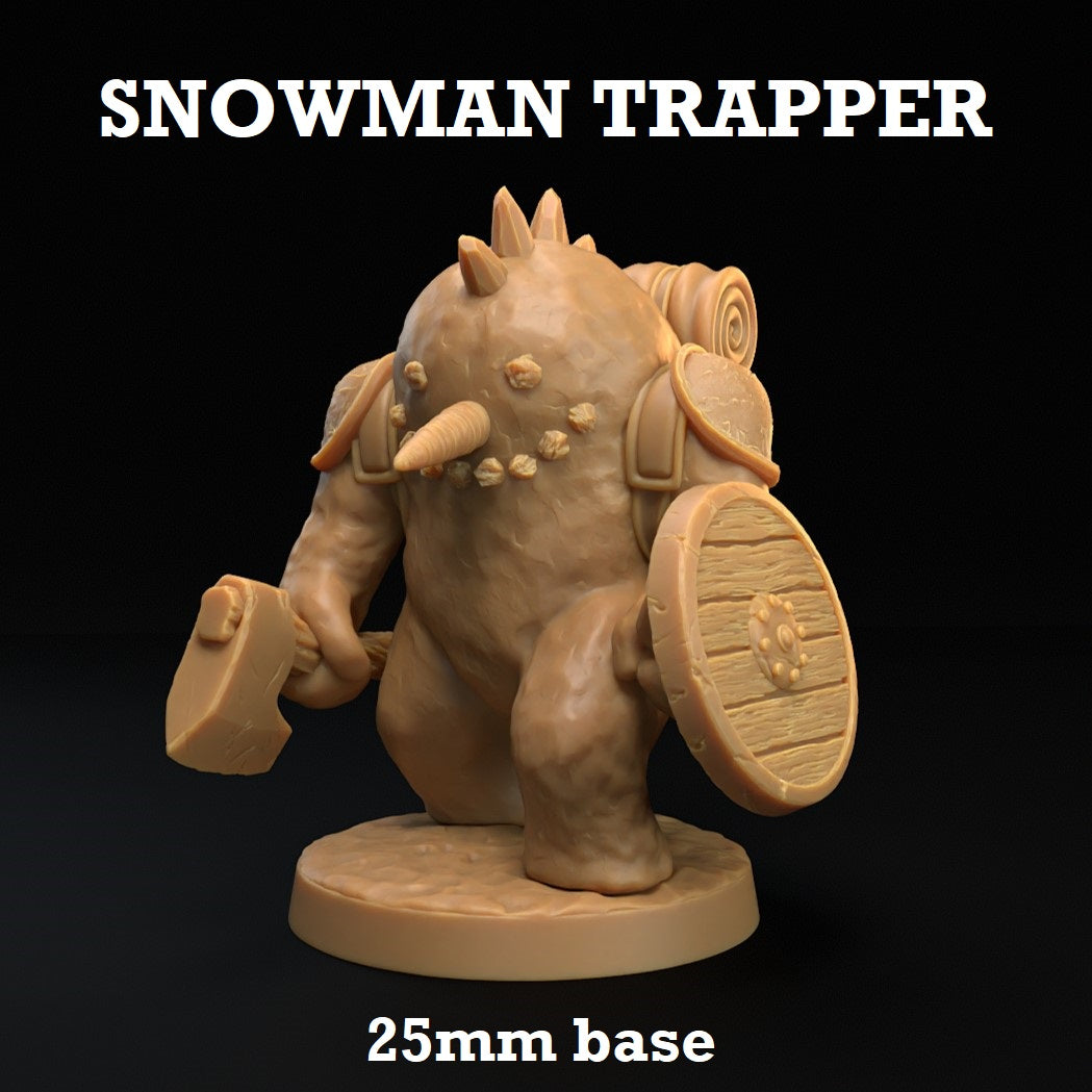 Image shows a 3D render of a snowman gaming miniature carrying an axe and shield