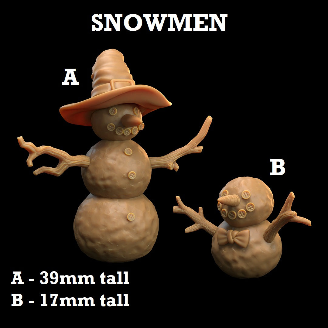 Image shows 3D renders of two sculpt options for a snowman gaming miniature.