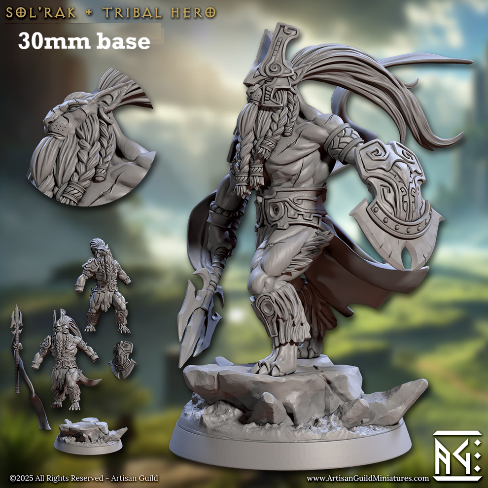 Image shows 3D renders of two sculpt options for a leonin warrior gaming miniature.