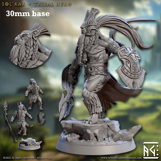 Image shows 3D renders of two sculpt options for a leonin warrior gaming miniature.