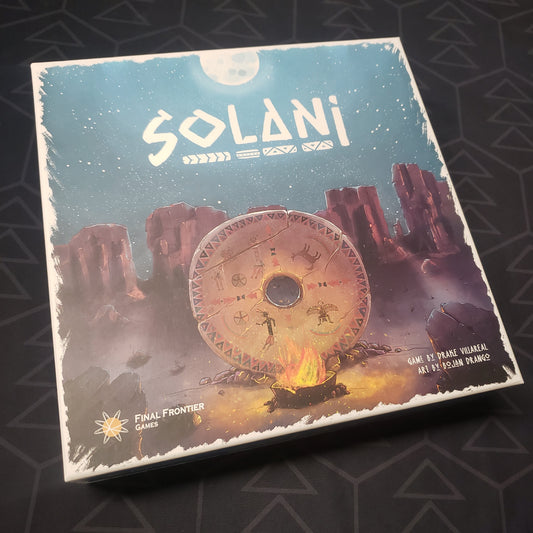 Image shows the front cover of the box for the Solani (Kickstarter Edition) board game