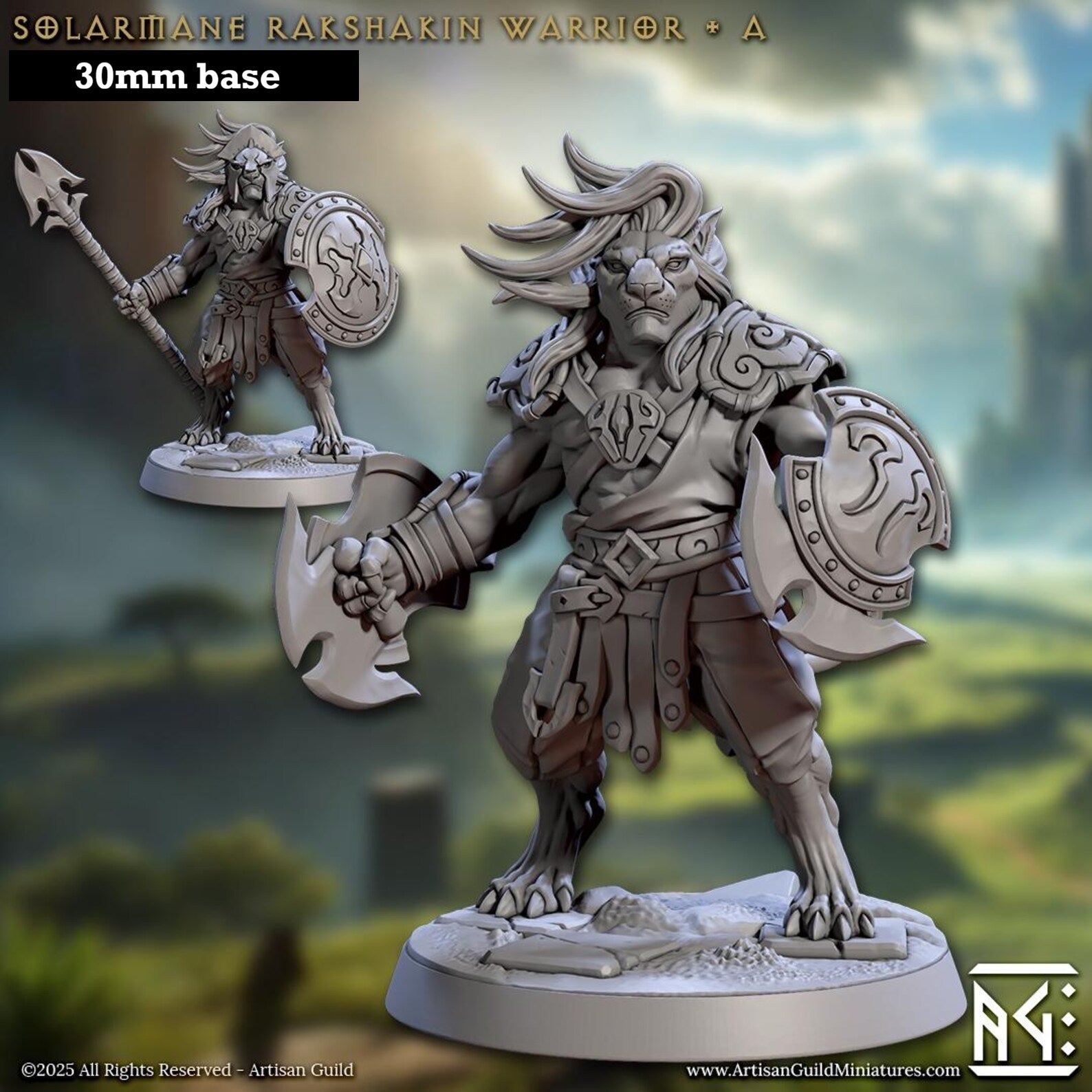 Image shows 3D renders of two sculpt options for a leonin gladiator gaming miniature.