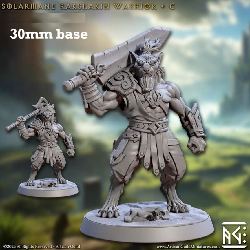Image shows 3D renders of two sculpt options for a leonin gladiator gaming miniature.