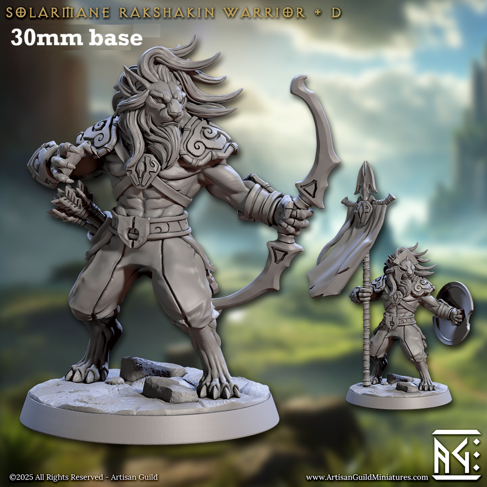 Image shows 3D renders of two sculpt options for a leonin warrior gaming miniature.
