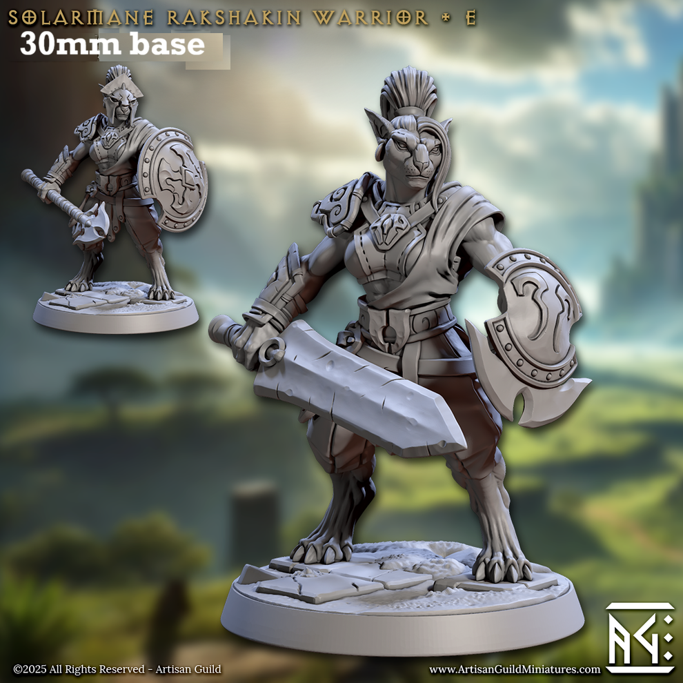 Image shows 3D renders of two sculpt options for a leonin gladiator gaming miniature.