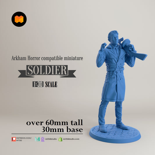 Image shows a 3D render of a 1920s era ex-soldier gaming miniature holding a cigar and a tommy gun
