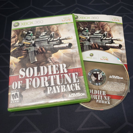 Image shows the case, manual & disc for the video game Soldier of Fortune: Payback for Xbox 360