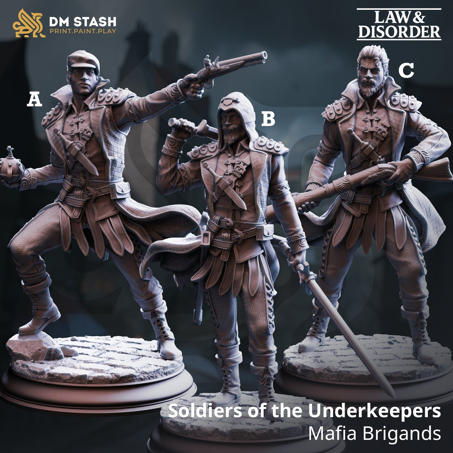 Image shows 3D renders for three different sculpt options of a human criminal gaming miniature.