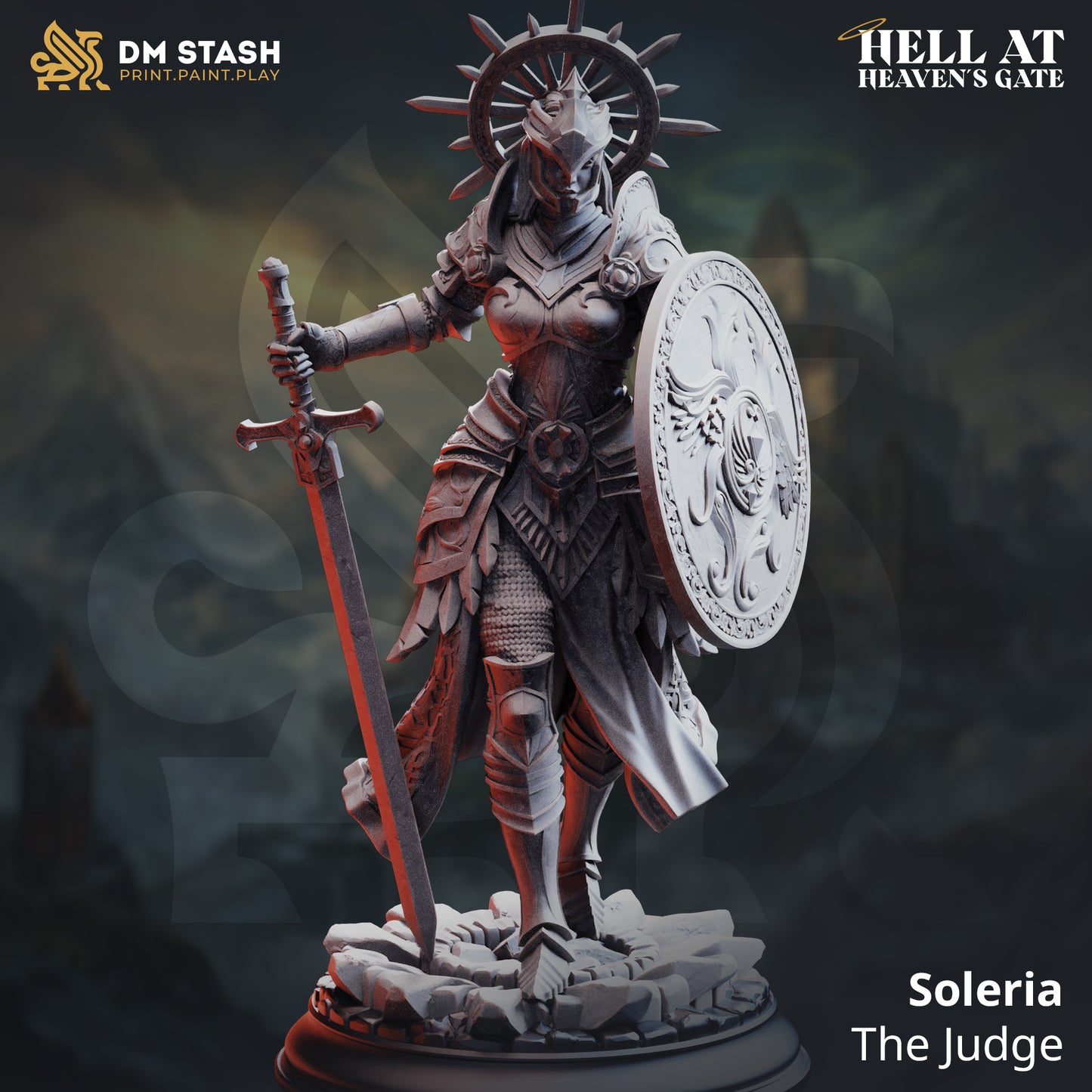 Image shows a 3D render of a angel judge gaming miniature.