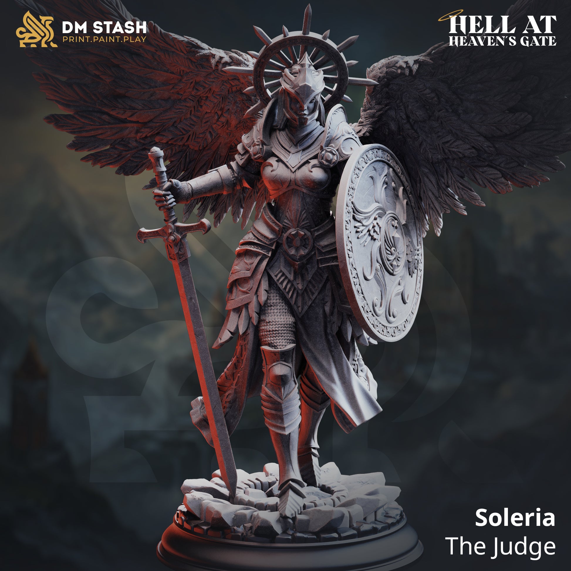 Image shows a 3D render of a angel judge gaming miniature.