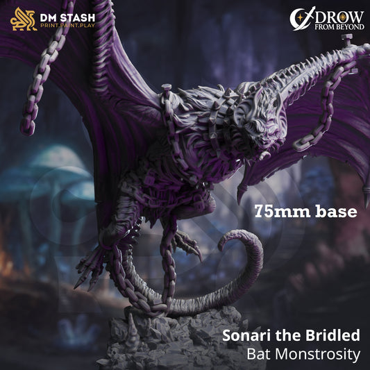 Image shows a 3D render of a chained vampire bat monster gaming miniature.