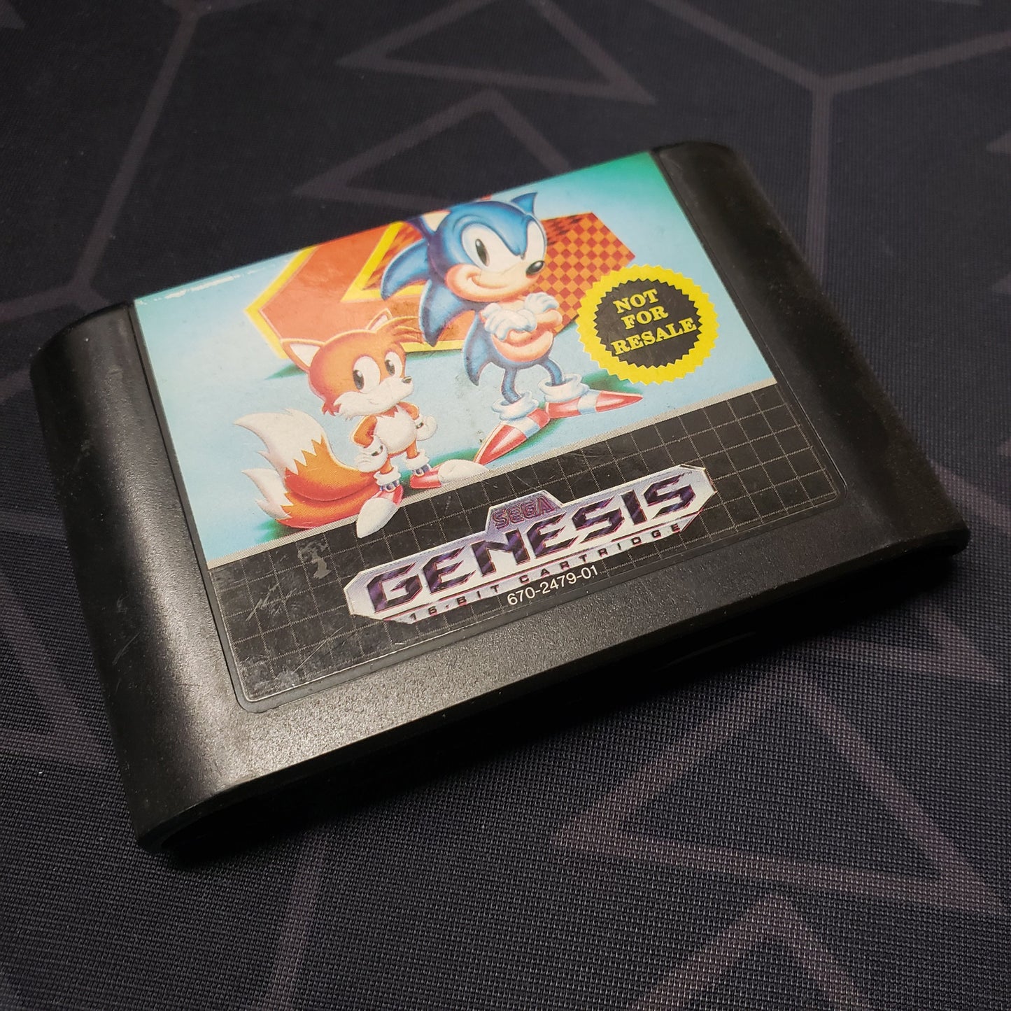 Image shows the front of the cartridge for the video game Sonic the Hedgehog 2 for Sega Genesis