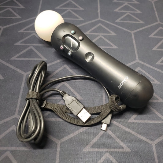 Image shows a Sony Wireless Move  video game controller and its charging cable for the for Playstation 3