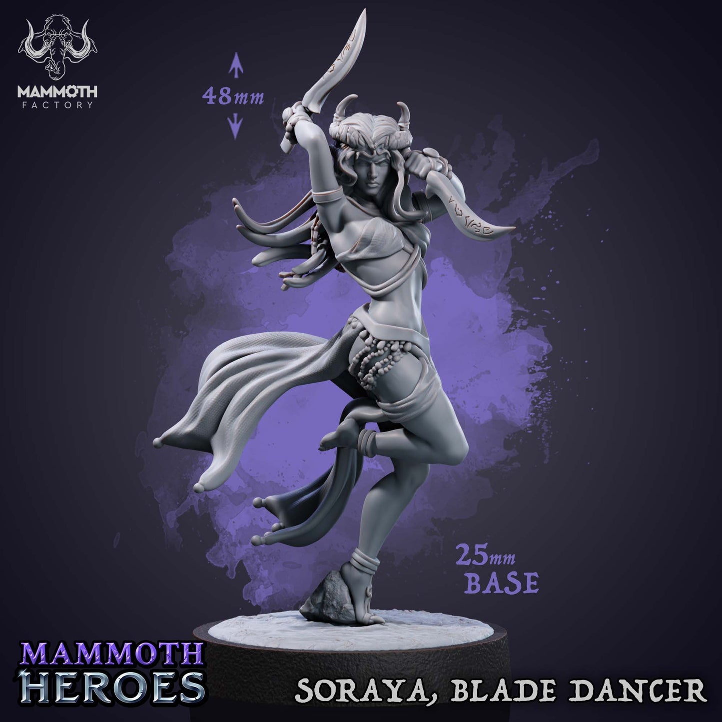 Image shows a 3D render of a tiefling assassin gaming miniature.
