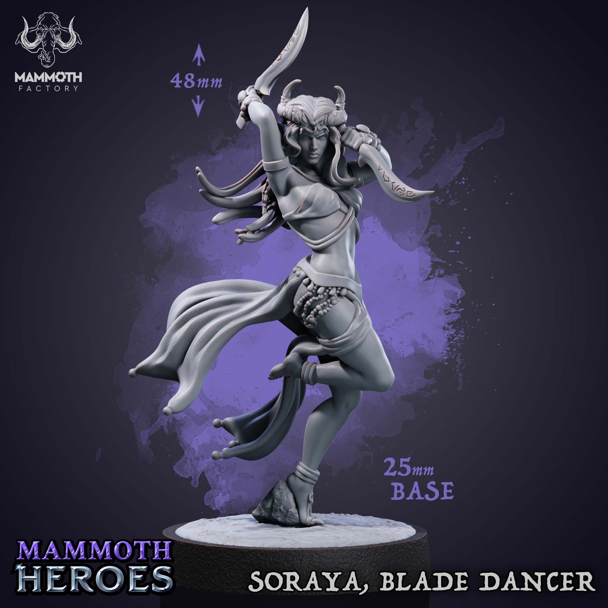 Image shows a 3D render of a tiefling assassin gaming miniature.