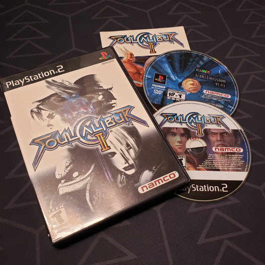 Image shows the case, manual and two discs for the video game Soulcalibur II for Playstation 2