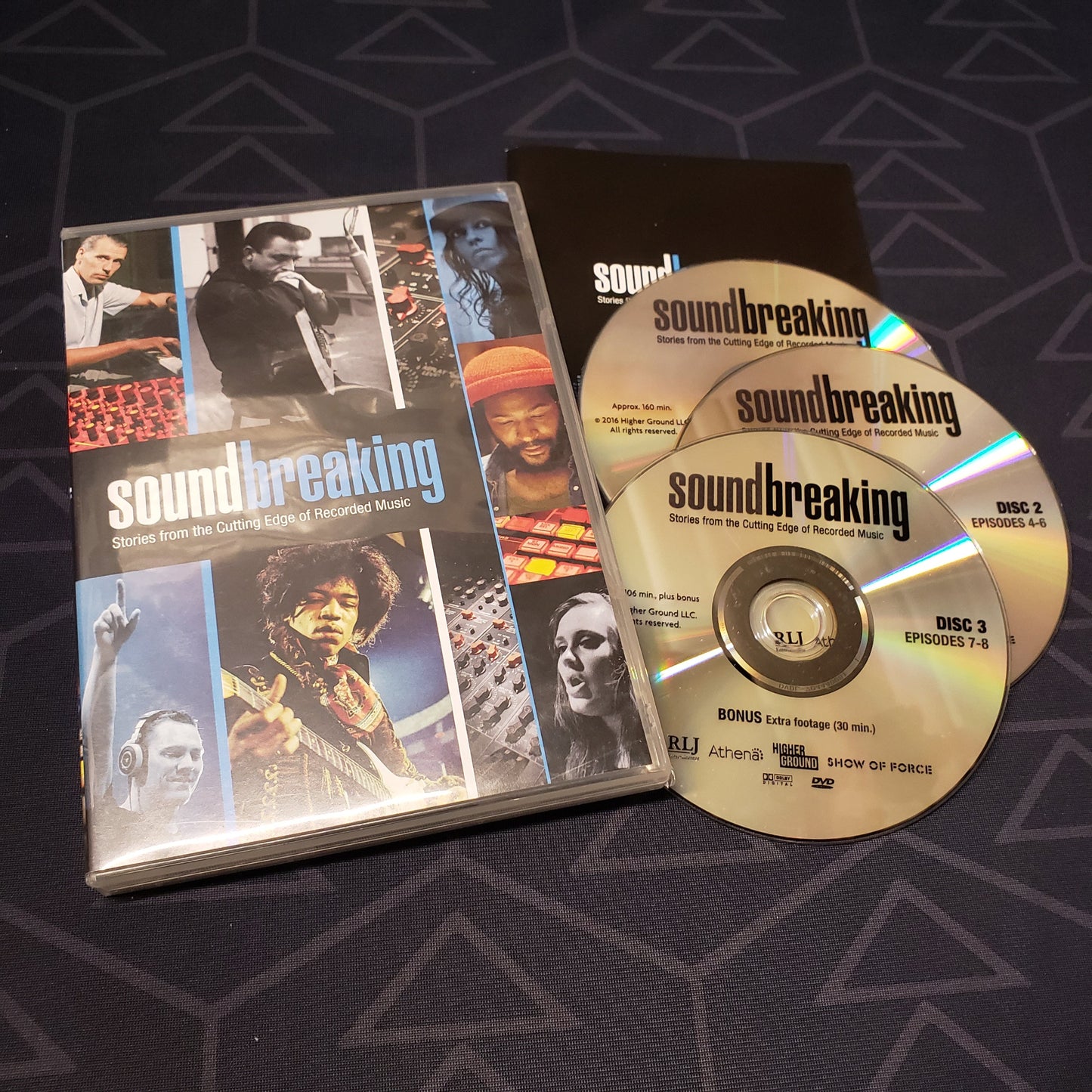 Image shows the case, insert & three discs for the miniseries Soundbreaking: Stories from the Cutting Edge of Recorded Music on DVD