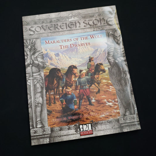 Image shows the front cover of the Marauders of the Wolf book for the Sovereign Stone roleplaying game