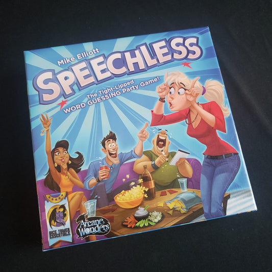 Image shows the front cover of the box of the Speechless party game