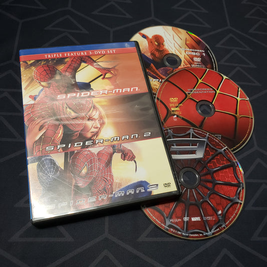 Image shows the case & three discs for the movie set of Spider-Man Trilogy on DVD