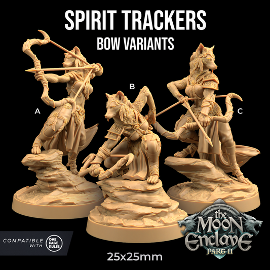 Image shows 3D renders of three pose options for a wolf warrior gaming miniature holding a bow