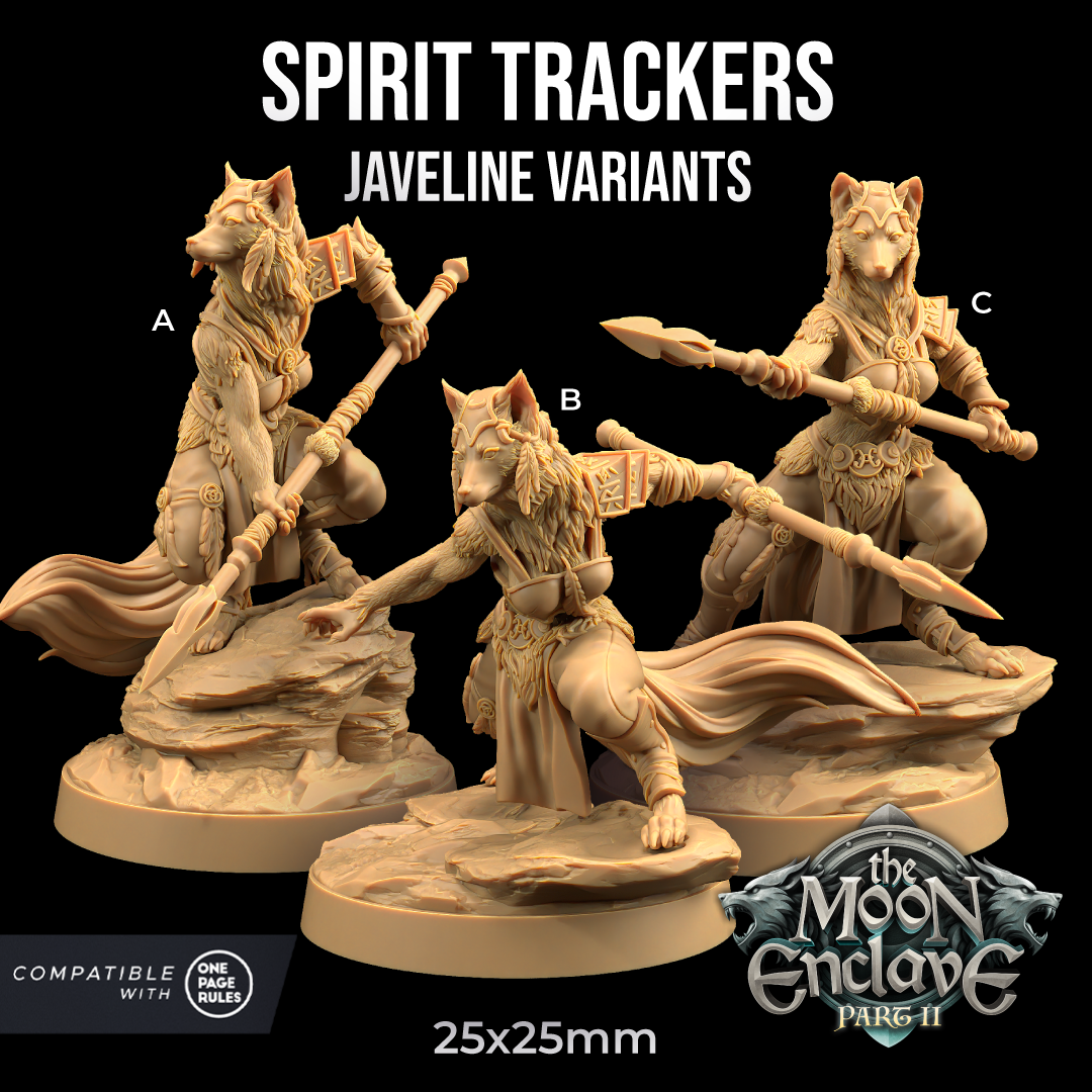 Image shows 3D renders of three pose options for a wolf warrior gaming miniature holding a javelin