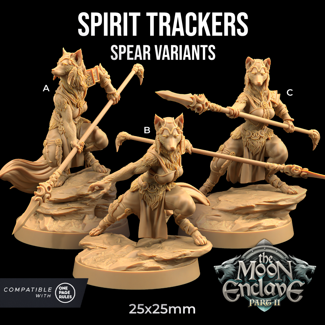 Image shows 3D renders of three pose options for a wolf warrior gaming miniature holding a spear