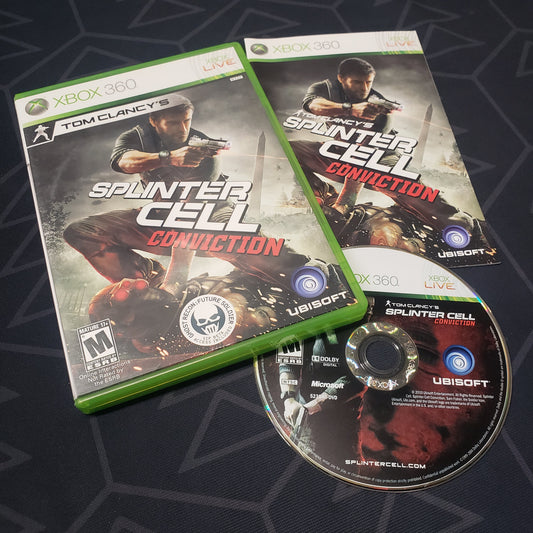 Image shows the case, manual and disc for the video game Splinter Cell: Conviction for Xbox 360