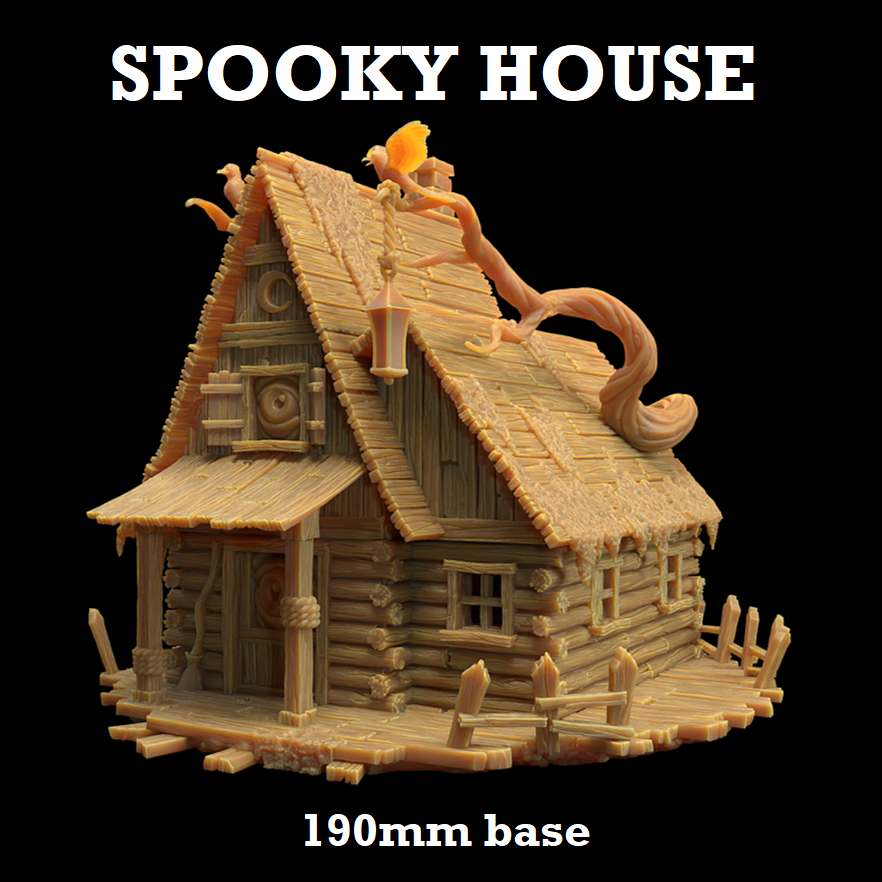 Image shows a 3D render of a spooky house gaming miniature terrain piece