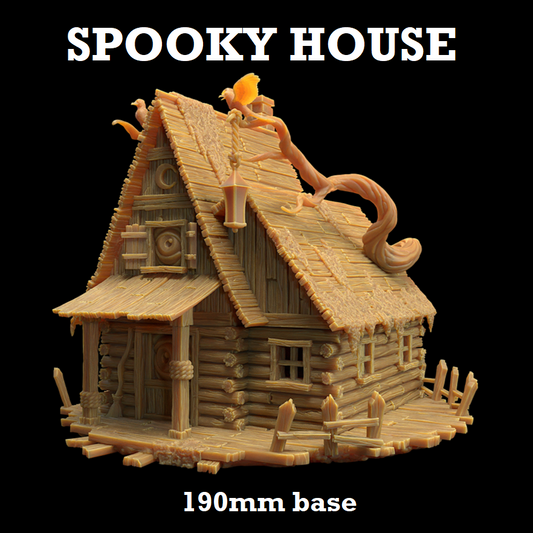 Image shows a 3D render of a spooky house gaming miniature terrain piece