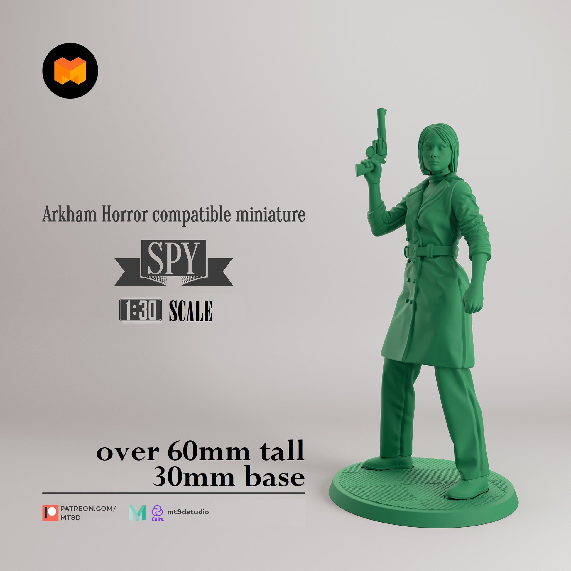 Image shows a 3D render of a 1920s era spy gaming miniature.