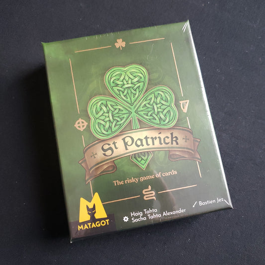 Image shows the front cover of the box of the St Patrick card game