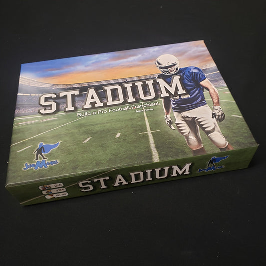 Image shows the front cover of the box of the Stadium board game