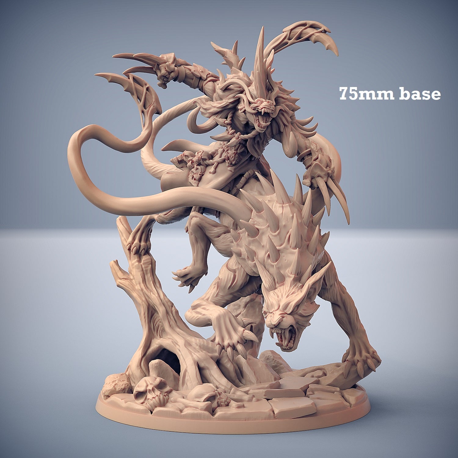 Image shows a 3D render of a displacer beast gaming miniature with a gnoll rider