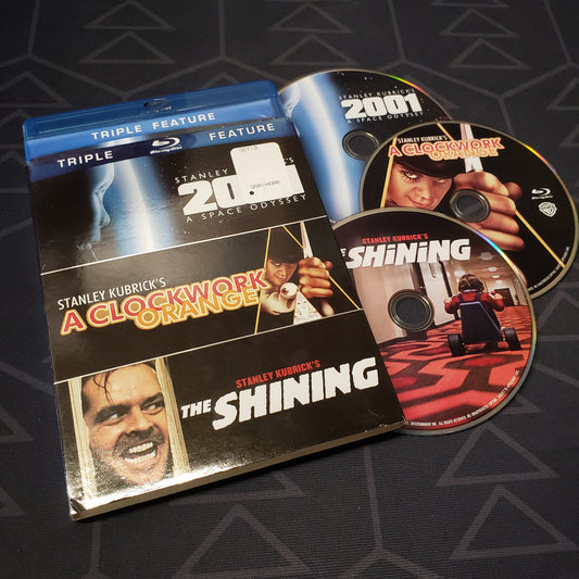 Image shows the case, sleeve & three discs for the Stanley Kubrick Triple Feature movie set on Blu-Ray
