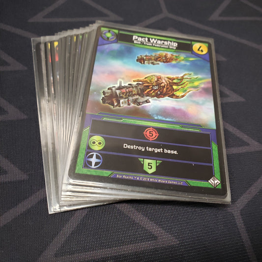 Image shows the fanned out cards of the Stellar Allies Pack expansion for the card game Star Realms