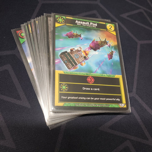 Image shows the cards for the United: Command expansion for the card game Star Realms fanned out in a stack
