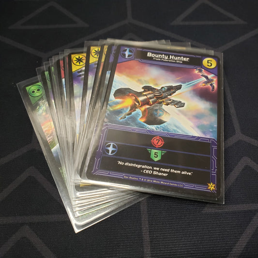 Image shows the fanned out cards of the Year Two Promos expansion for the card game Star Realms
