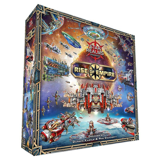Image shows the front cover of the box of the Star Realms: Rise of Empire board game