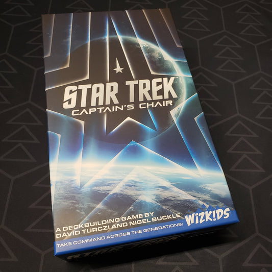 Image shows the front cover of the box for the Star Trek: Captain's Chair card game