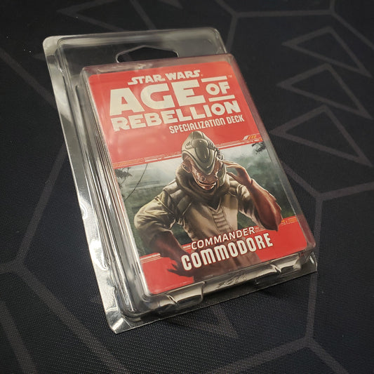 Image shows the front of the clamshell packaging for the Commander Commodore Deck for the roleplaying game Star Wars: Age of Rebellion